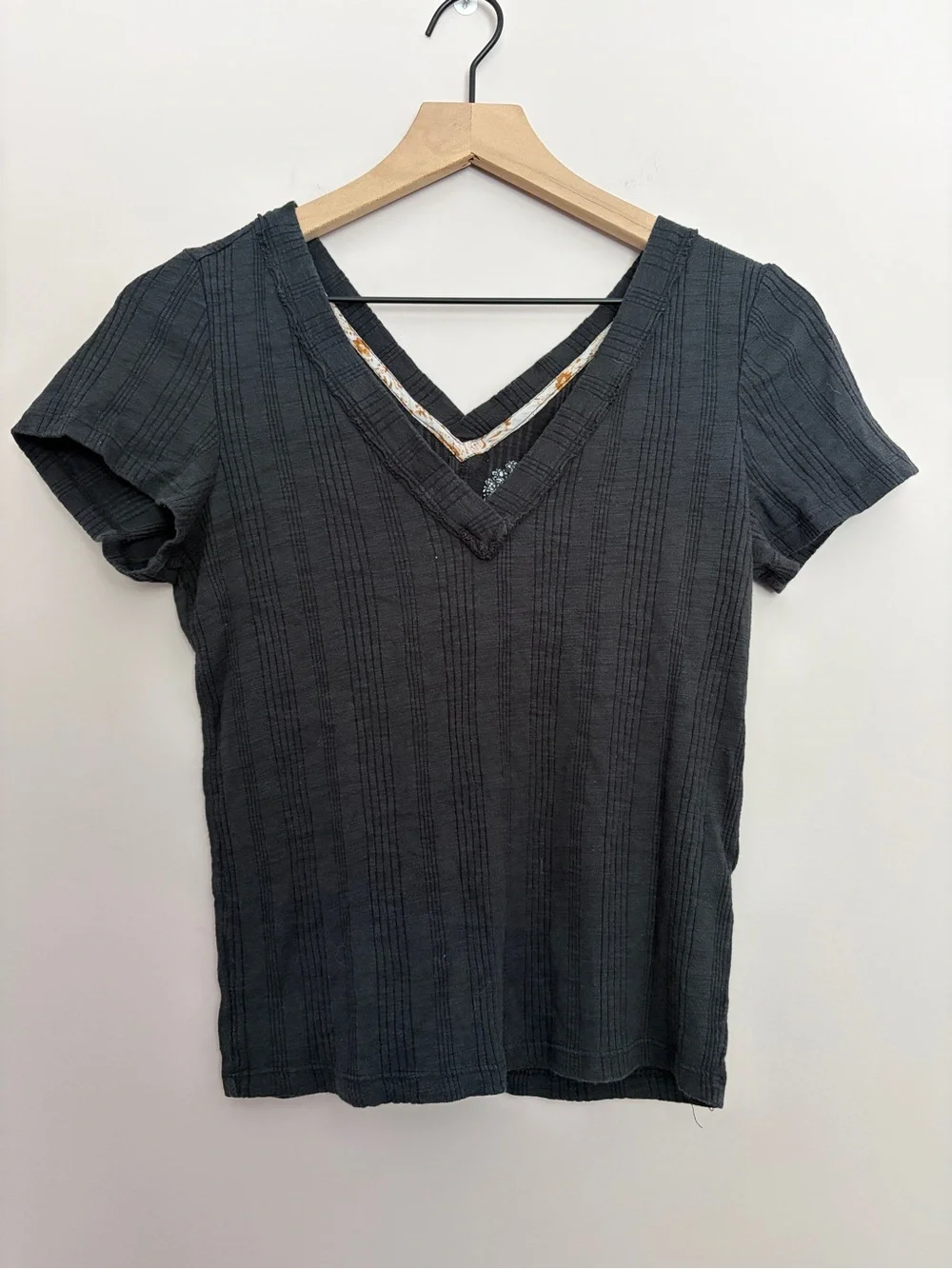 Pilcro Anthropologie Black Ribbed Double V Tee Medium